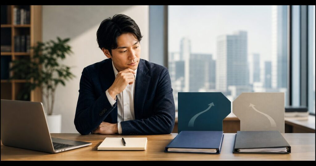 ITコンサル転職でRGFとムービンを比較検討する男性