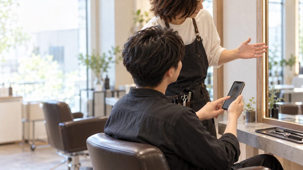 美容室で髪型の希望を相談する二人のイメージ画像