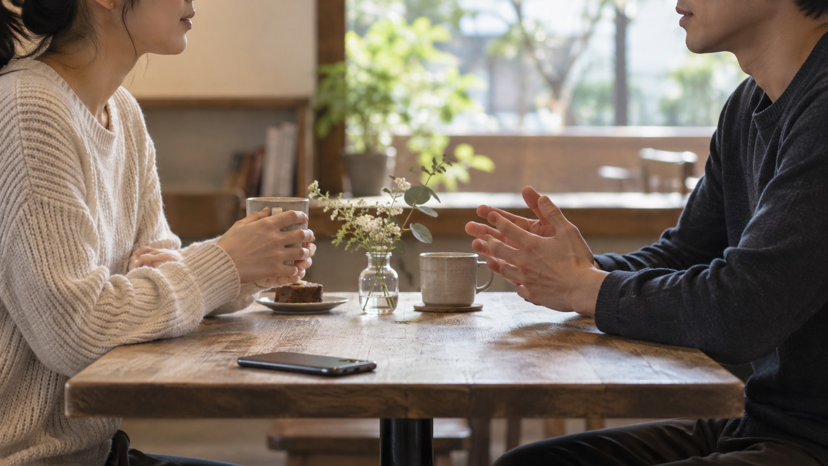 カフェのテーブルでスマートフォンを横に置き、向き合って話す二人のイメージ画像