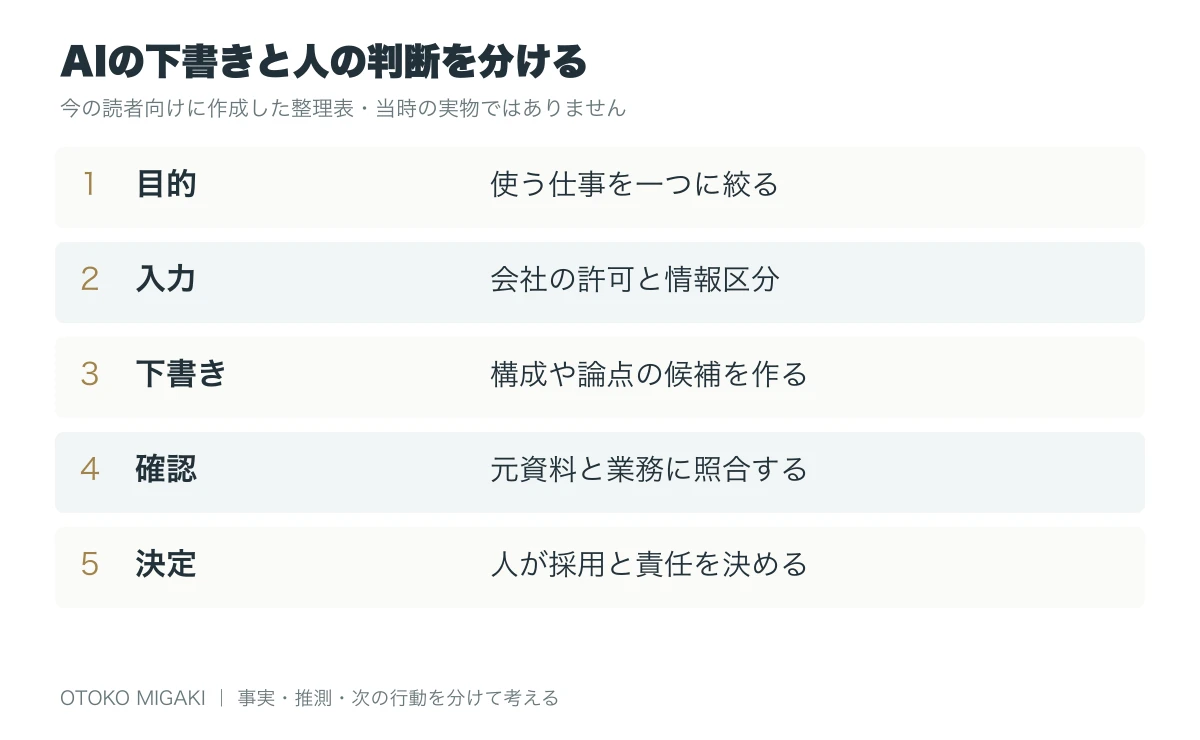 AI時代の管理職に必要な仕事|下書き・確認・決定を分ける使い方の判断項目を整理した図