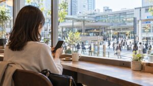 昼間の公共のカフェでスマートフォンを確認する人物のイメージ画像