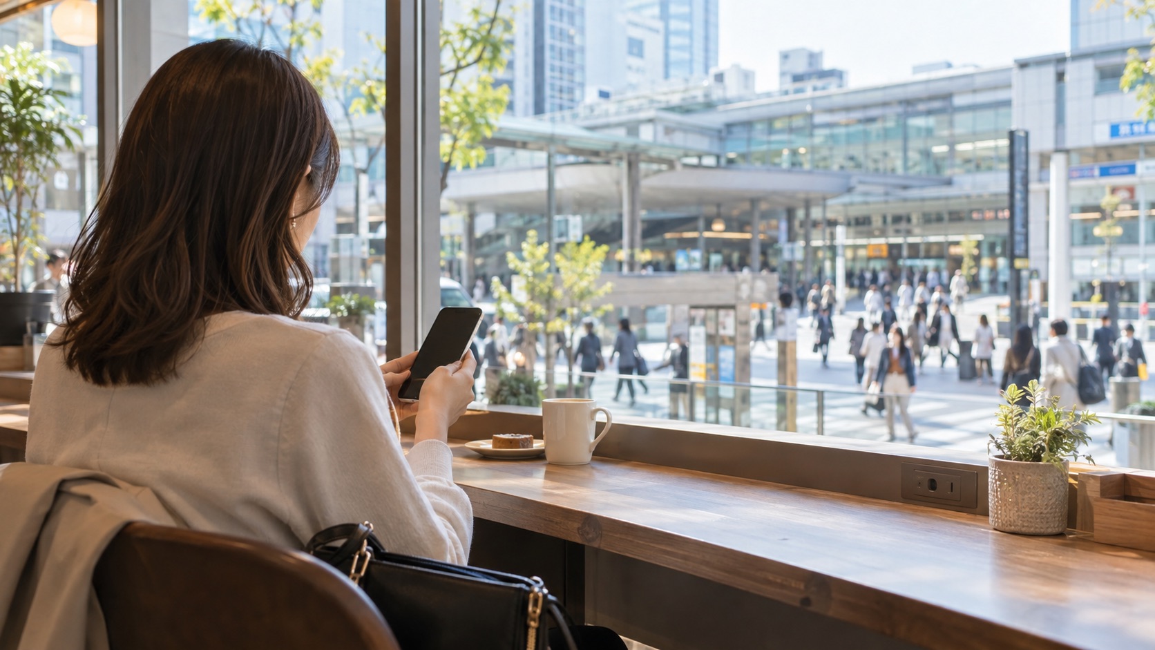 昼間の公共のカフェでスマートフォンを確認する人物のイメージ画像