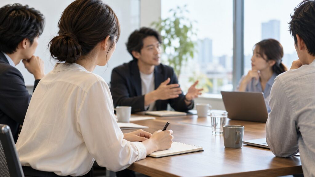 会議で他の参加者の発言を聞きながらノートにメモを取る人