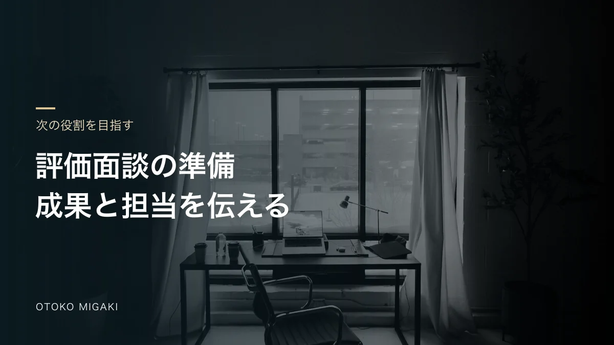 評価面談の準備 成果と担当を伝えると記した素材写真のアイキャッチ