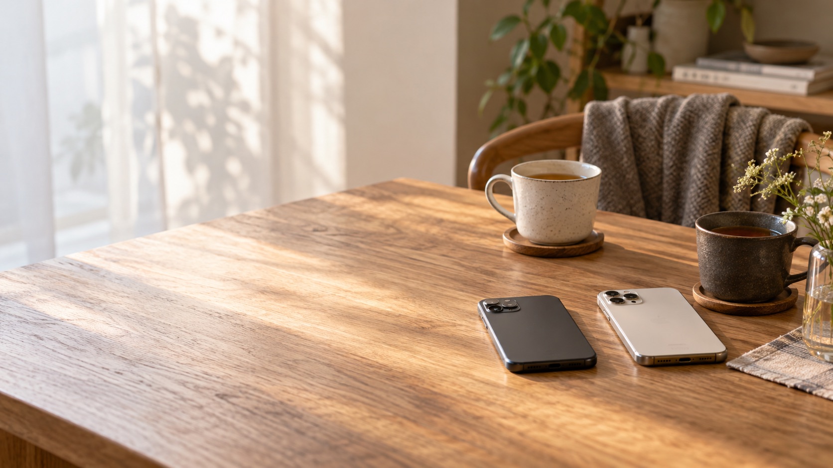 テーブルに二台のスマートフォンと茶器を置いたイメージ画像