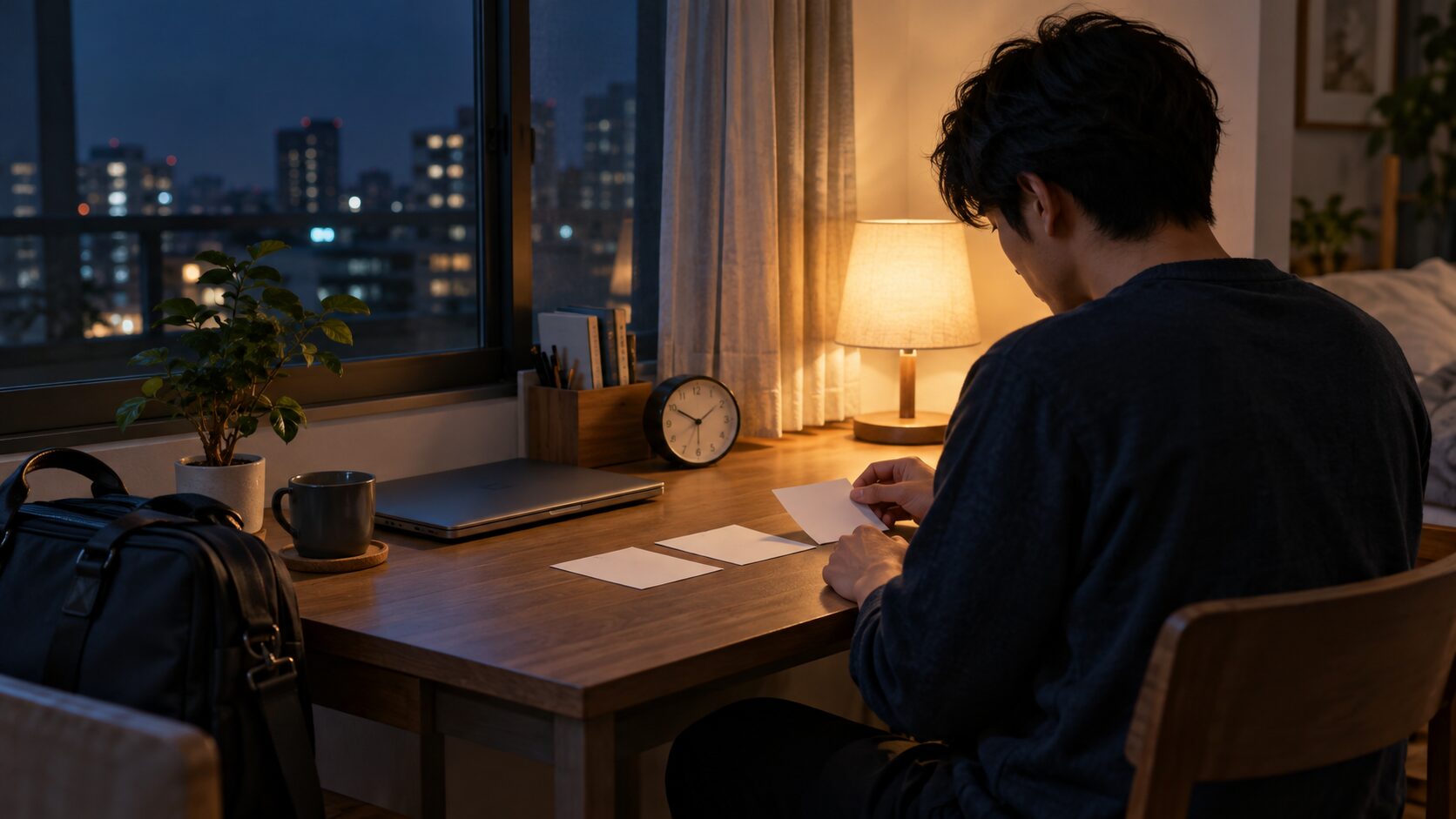 夜の机で無記名のメモを整理する人物のイメージ画像