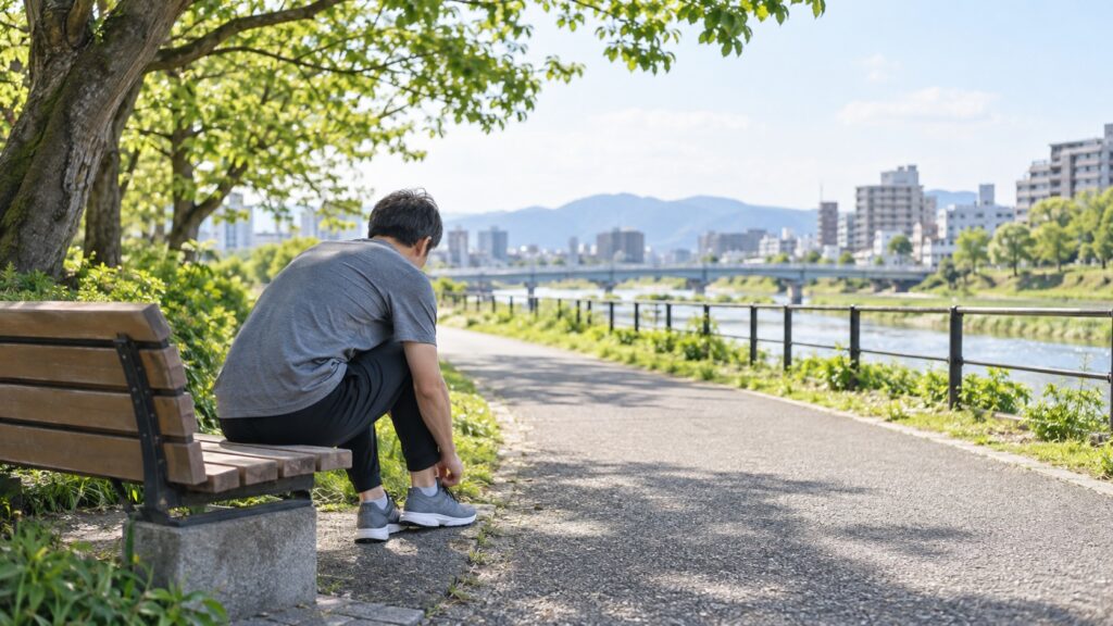 明るい河川沿いの道で走る前に靴紐を結ぶ人物のイメージ画像