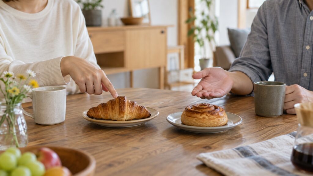 食卓で二つの軽食を前に、互いの希望を相談する二人の手元のイメージ画像