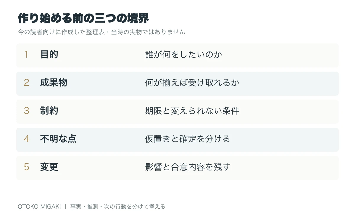 曖昧な仕事の依頼を具体化する方法|作り始める前に確認する三つの境界の判断項目を整理した図